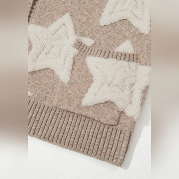 Khaki Sherpa Star Pattern Textured Sweater Cardigan with Pockets - Picture 10 of 16